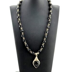 Vintage Sterling Silver Onyx Beaded Pendant Necklace